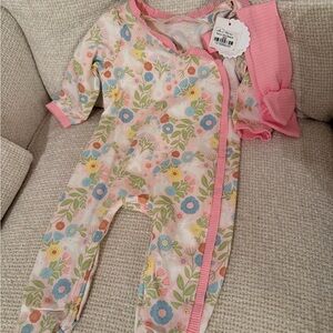 Baby Girl Pink Floral & Bunny Footie with Matching Headband
